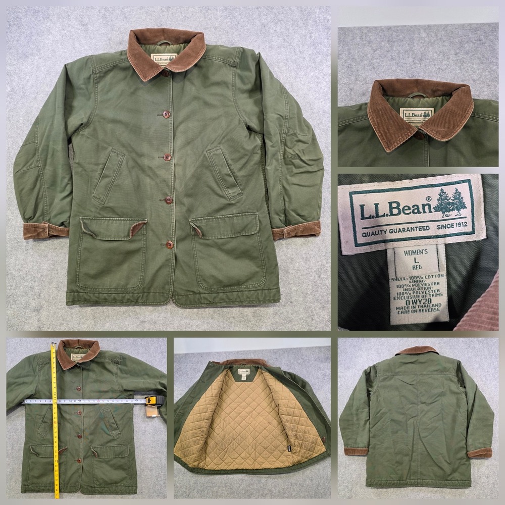 LL Bean Coat Womens Large Green Canvas Thinsulate Quilted Lined Barn Jacket